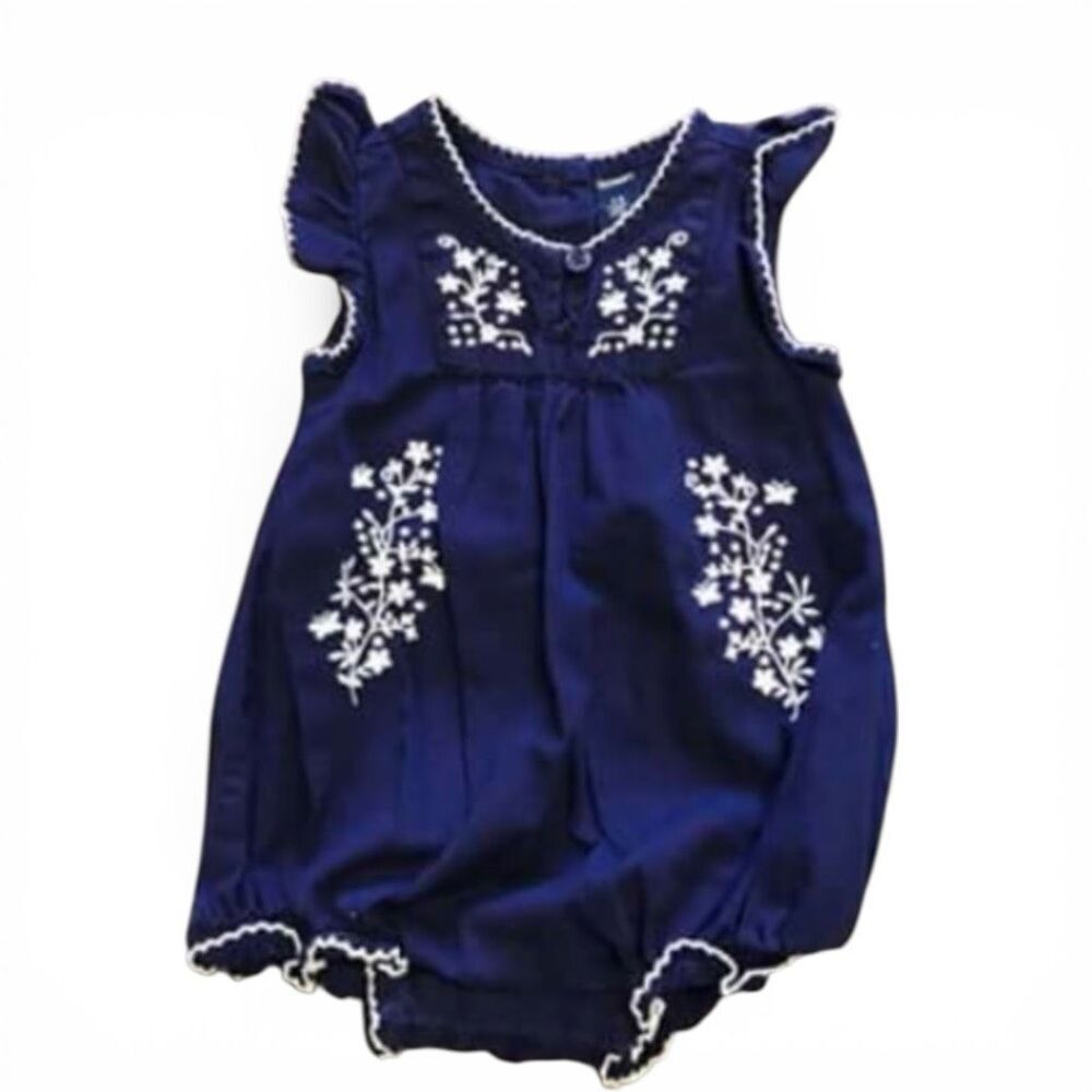 Baby Girls Gap Navy Blue White Lace Floral Embroidered Dress Romper - Sz 0-3 mo